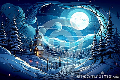 Christmas background infused with synthwave vibes, synthwave,pine tree,snowman,ball,moon. Generative AI Stock Photo