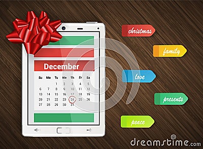 Christmas background with tablet, calendar, stickers and christmas bow Vector Illustration