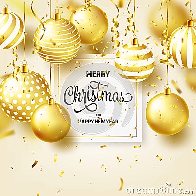 Christmas Background With Tree Balls, Ribbon And Confetti. Golden Ball. New Year. Winter holidays. Season Sale Vector Illustration