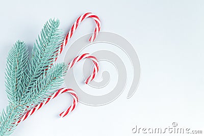 Christmas background with tree and traditional candycanes top view Stock Photo