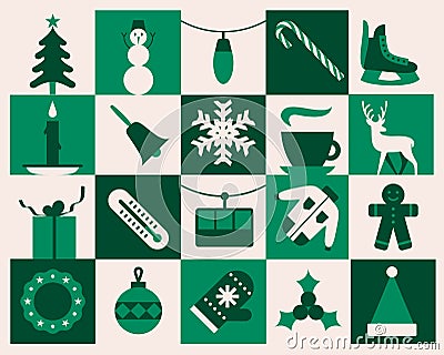 Christmas background, vector flat illustration, icon set, green xmas pattern Vector Illustration