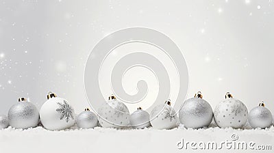 Christmas background with white baubles and snow. White Large and small Christmas balls on a white background with a Stock Photo