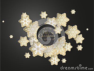 Christmas background with white and golden snowflakes. Dark vers Vector Illustration