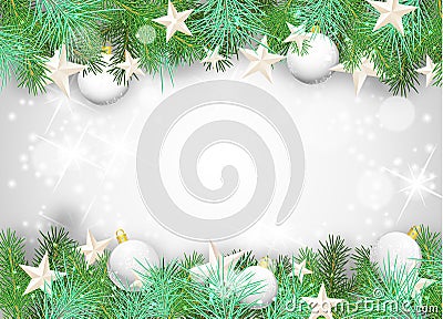 Christmas background with white ornaments and branches Vector Illustration