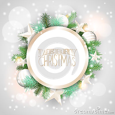 Christmas background with white ornaments and branches Vector Illustration