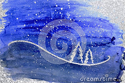 Christmas background. White trees and snow on violet and silver background Stock Photo
