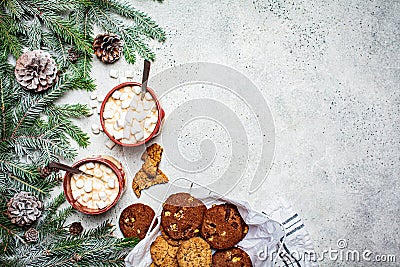 Christmas background. Winter cocoa with cookies in Christmas decoration on gray background, copy space Stock Photo