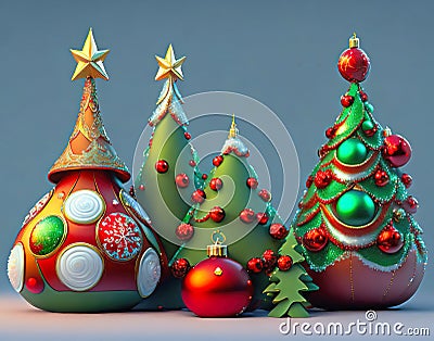 Christmas background of X-mas balls morphed into fir trees AI Cartoon Illustration