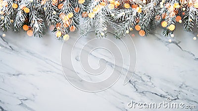 Christmas background with xmas tree on white marble background. Merry christmas greeting card, frame, banner. Winter holiday theme Stock Photo