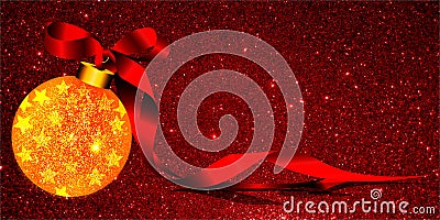 Christmas background with yellow ornament and ribbon on a red glitter background. Vector Illustration