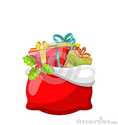 Christmas Bag with Presents, Gift Boxes and Holly Berry Vector Illustration