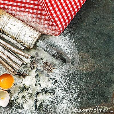 Christmas bakery. Baking ingredients and tolls Stock Photo