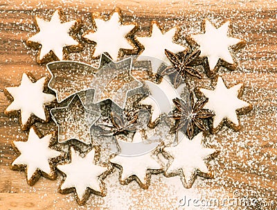 Christmas bakery. cinnamon stars with sugar powder Stock Photo