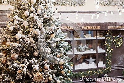 Christmas bakery showcase and Christmas decorations Stock Photo
