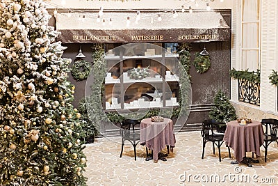 Christmas bakery showcase and Christmas decorations Stock Photo