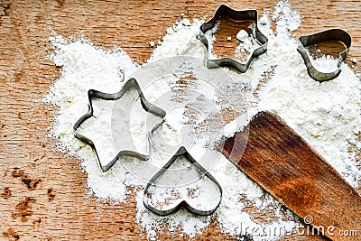 Christmas baking background with flour, cookie cutter Stock Photo