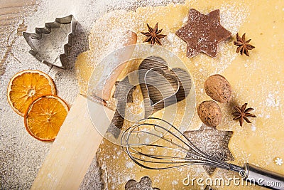 Christmas baking, cookies, rolling pin and mixer on wood Stock Photo