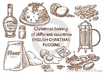 Christmas baking. Ingredients.English christmas pudding.England Vector Illustration