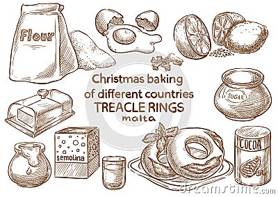 Christmas baking. Ingredients.Trecle rings.Malta Vector Illustration