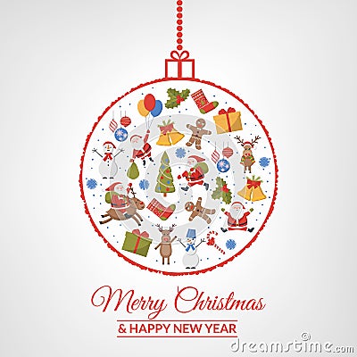 Christmas ball decorated with images of New Year symbols Vector Illustration