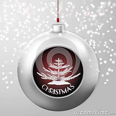 Christmas Ball with a fir and red confetti storm inside on the chick snowy backdrop Stock Photo