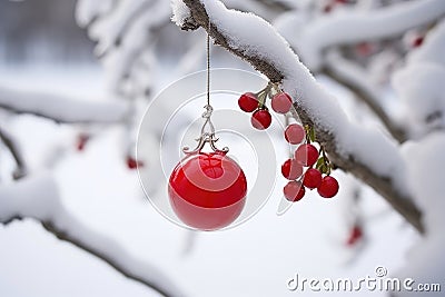 Christmas ball hanging on a snowed branch outside. Seasonal decoration. Generative AI Stock Photo