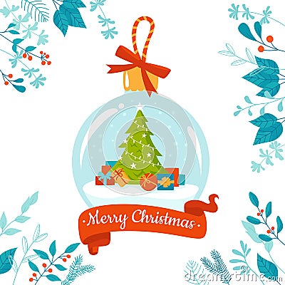 Christmas ball red ribbon christmas tree and gifts inside xmas snowball Vector Illustration