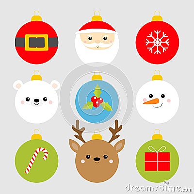 Christmas ball set. Santa Claus, bear, snowman, deer face. Belt, snowflake, holly berry, candy cane, gift box. Cute bauble toy. Vector Illustration