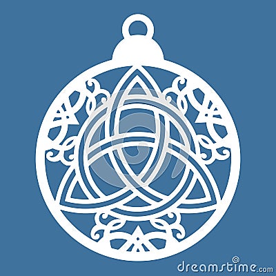 Christmas ball with Triquetra, an ancient Viking magic symbol. Hanging decoration template for Yule celebration, New Year party Vector Illustration