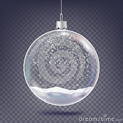 Christmas Ball Vector. Classic Xmas Tree Glass Decoration Element. Shining Snow, Snowflake. 3D Realistic. On Vector Illustration