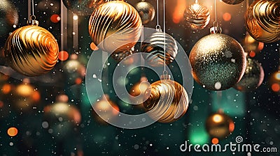 Christmas balls background. Christmas decoration on abstract blured dark background. Traditional New Year illustration with golden Cartoon Illustration