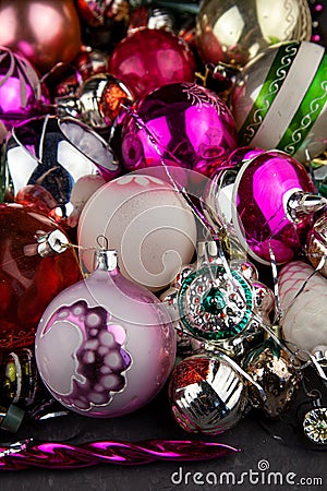 Christmas balls for a christmas background. Old retro ball for decorating the Christmas tree. Glass New Year decorations Stock Photo