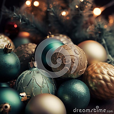 Christmas balls closeup, xmas decorations, new year tradition, AI Generated Cartoon Illustration