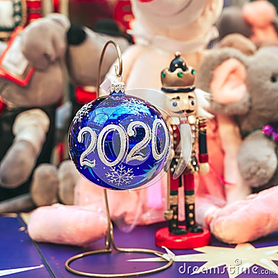 Christmas balls on the counter of the store 2020 year Editorial Stock Photo