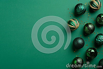 Christmas balls decoration on green background with copy space. Christmas banner design template, greeting card mockup. Flat lay, Stock Photo