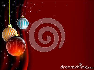 Christmas balls decoration on red curtain. New Year background. Vector Illustration