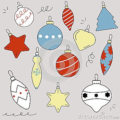 Christmas balls doodle-style drawing, hand-drawn. Christmas toys. Stock Photo