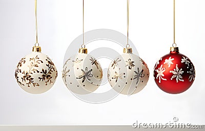 Christmas balls with drawing hang on white background Stock Photo