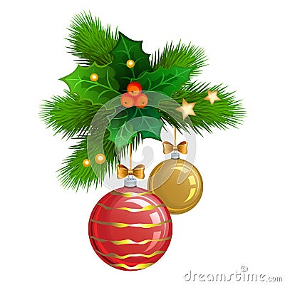 Christmas balls with fir branches and holly berries. Vector Vector Illustration