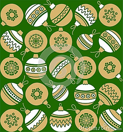 Christmas balls, gold, white, green background, seamless. Vector Illustration