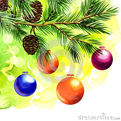 Christmas balls on green spruce branch Stock Photo