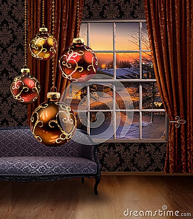 Christmas balls hanging, winter street view window Stock Photo