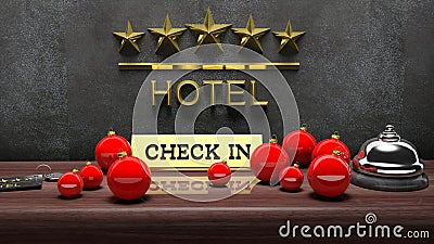 Christmas balls, hotel bell with check in Stock Photo
