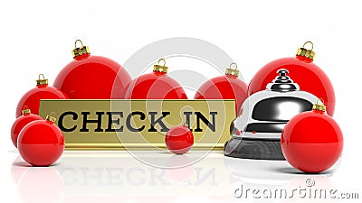 Christmas balls and hotel bell with check in tag Stock Photo