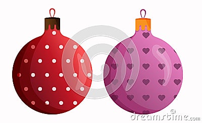 Christmas balls illustration set in red with polka dot and pink with heart color. Xmas glass ball on white background. Holiday Cartoon Illustration