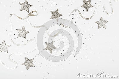 Christmas balls, pink and silver decorations on white background. Stock Photo
