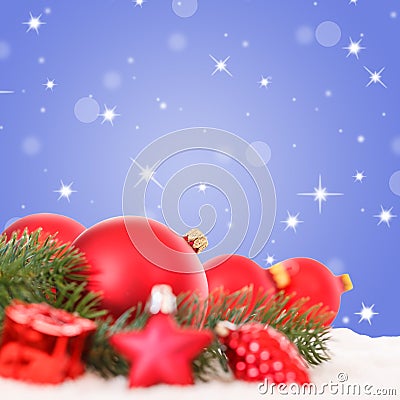 Christmas balls red decoration baubles stars snow square copyspace copy space Stock Photo