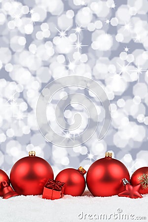Christmas balls red decoration snow winter background portrait f Stock Photo