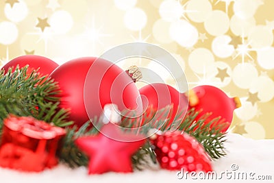 Christmas balls red golden decoration baubles stars snow copyspace copy space Stock Photo