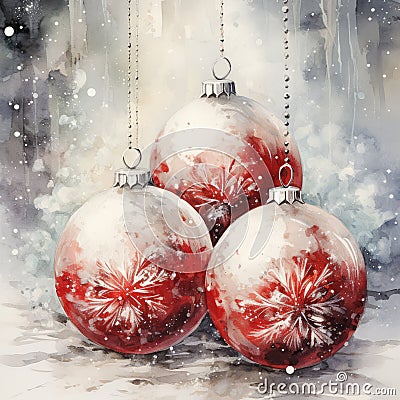 Christmas balls with Rich red and silver colors and Luxury silver Ornaments Oil Painting illustration. Cartoon Illustration